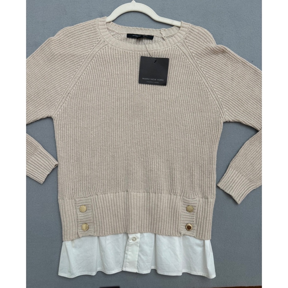 Marc New York Andrew Marc Layered Sweater French Oak Beige Gold Button NWT
